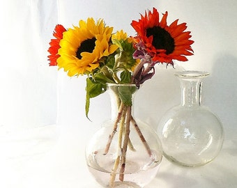 Pair of Handblown Clear Glass Vases - Handmade Vintage Flower Bouquet Vase - Round Shape Bulbous Body - Small 3" Flared Spout Top 8 1/2"tall