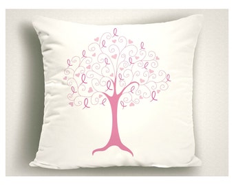 Breast Cancer Ribbon Tree Pillow, Breast Cancer Gift Tree of Life, Throw Pillow Breast Cancer Ribbon Tree