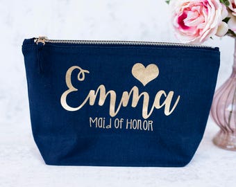 Bridesmaid gift bag, make up bag, cosmetic bag, vanity bag, Navy blue.