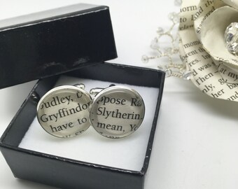 Gryffindor/Slytherin - Re-cycled Harry Potter book glass cufflinks. BOXED.