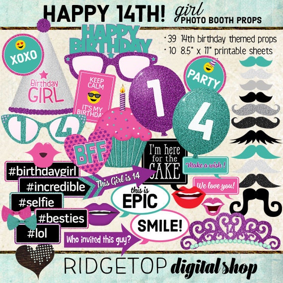 Photo Booth Props Happy 14th Birthday Girl Printable