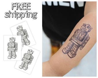 Set of 3 temporary tattoos "Robot". Black and white body stickers for kids. Robots party bag supply. TT077