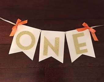First Birthday Highchair Bunting Banner - Your Choice of Bow and Cardstock Color - Glitter Gold Highchair Banner - Number One Banner
