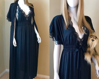 VANITY FAIR Vintage 70's Black Peignoir Set with Tags, Long Nightgown/Robe, Vintage Black Lace Negligee Set, Sexy Black Lingerie - size 34