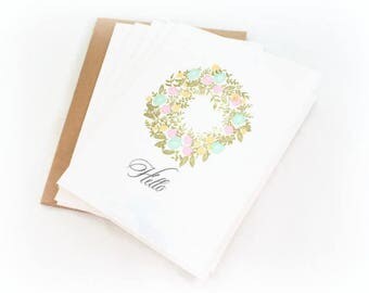 Note Card Set, Wreath, Hello, Hand Stamped, Notecard Set, Blank Note Cards, Elegant Note Cards, Floral Note Cards, Any Occasion Note Cards