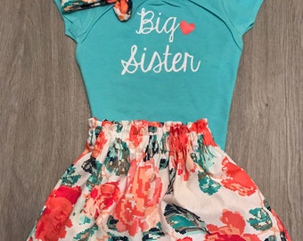 Big Sister Shirt//Big Sis Outfit//Big Sister Outfit//Mint Pink Gold girl outfit/Family Pictures/Pregnancy Anouncement/Matching Sister outfit
