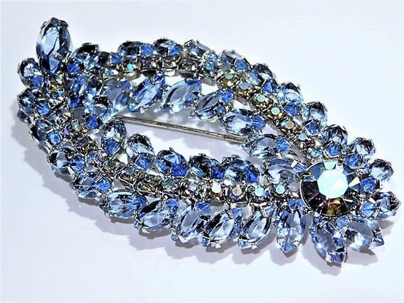 Mid Century Juliana DeLizza Elster D & E Rhinestone Brooch Blue Navette Vintage Brooch Verified D and E Something Old Blue Bride Hollywood