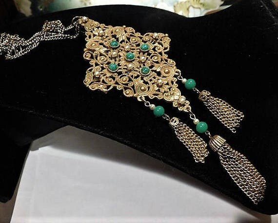 ALICE CAVINESS Pendant Necklace Brooch Etruscan Egyptian Revival 1960s 60s Mid Century Runway Couture Fashion Jadeite Faux Pearl Tassel
