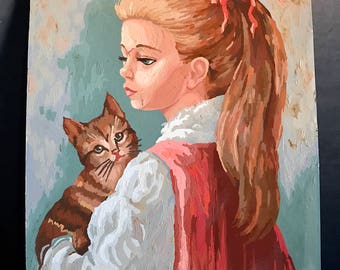 Vintage Paint By Number Girl With Cat 16"x20"