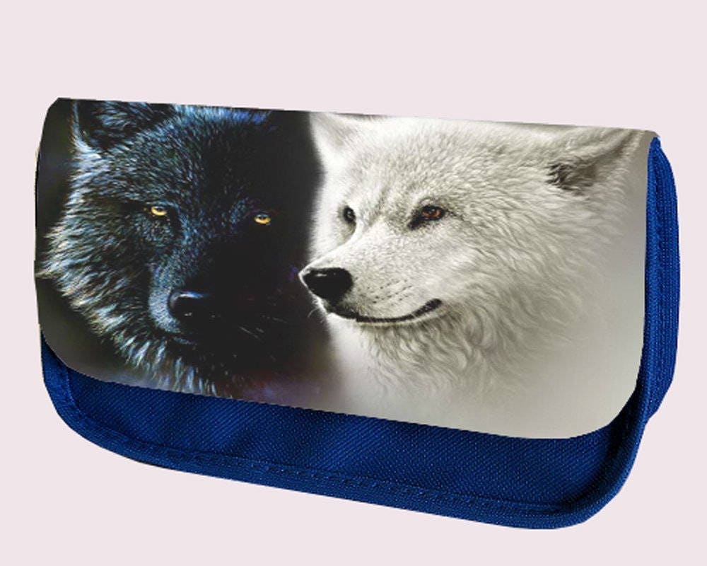 Black and White Wolf Pencil case / Make up bag. Back to School
