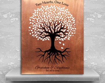 Personalized Gift For Gay Couple Same Sex Marriage Minimalist Feminine Tree Two Hearts One Love Custom Art Print Paper Canvas or Metal 1418