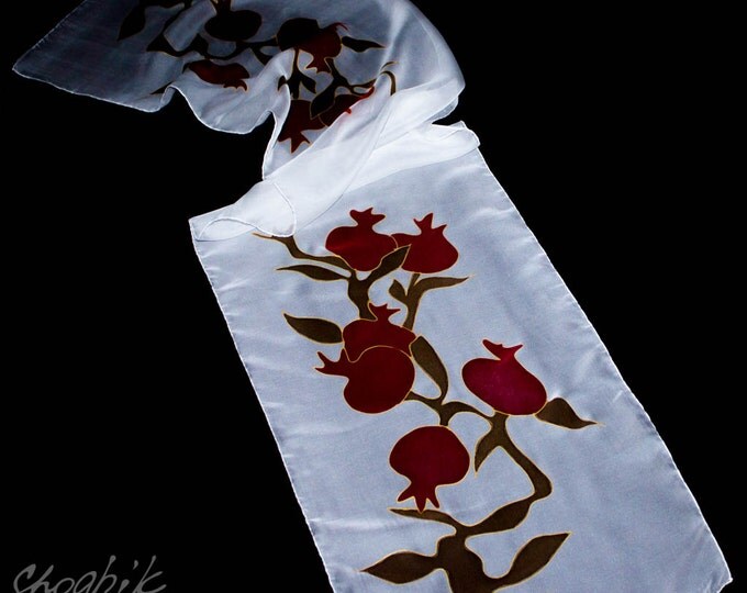 Hand Painted Silk Scarf - Batik - Armenian silk scarf - Pomegranate - Red, Brown, White - Armenian Gift