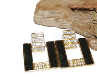 1980s Earrings, Eighties Earrings, 1980s Jewelry, Classic Earrings, Gold and Black Earrings with Clear Rhinestones, Door Knocker Earrings