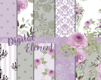 Digital Scrapbook, Scrapbook Paper, Lilac Watercolor Paper, Peony and Rose Lilac and Sage Paper, Wedding Paper. No. P193