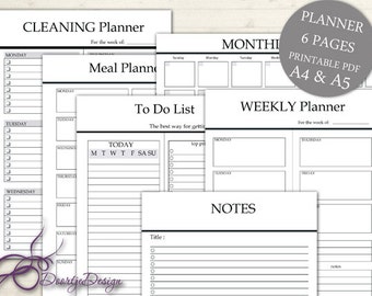 Printable Planner Pages, Monthly Planner, To Do List, Weekly planner, INSTANT DOWNLOAD, Organizer Cleaning Planner, Meal Planner, A4-A5