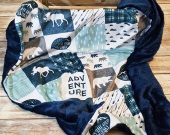 Minky Baby Blanket- Navy baby Bedding- Woodland Blanket- Adventure Blanket- Lumberjack Nursery
