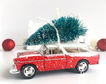 Retro Bright Red Vintage Christmas Car with Tree Decoration - Vintage Christmas Decoration - 1955 Chevy Nomad - Classic Car Christmas - Gift