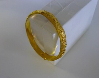Vintage Art Deco 24K Yellow Gold Chinese Dragon & Phoenix Hinged Bangle Bracelet