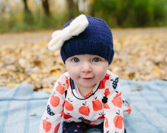 Baby Girl Hat with Bow, Knitted Hat for Girl, Newborn Bow Hat, Navy Girl Beanie, Infant Winter Hat, Girl Coming Home Outfit, Girl Easter Hat