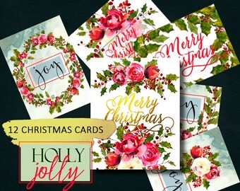 Printable Christmas Cards with Watercolor florals and Holly Steams Set of 12, 5x7' Printables Wall Decor Art