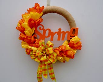 Spring Tulip Wreath, Orange Tulip Wreath, Burlap Tulip Wreath, Yellow Tulip Wreath, Bright Spring Wreath, Country Spring Wreath
