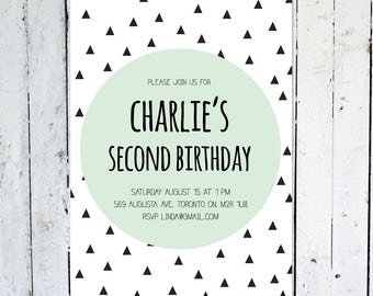 Second Birthday Invitation, Boy, Birthday Invitation, Geometric, Mint, Black, Triangle, Blue, Modern, Printable, Printed