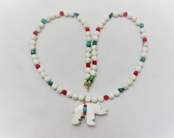 Fetish Bear Necklace, Carved Alabaster Necklace, Genuine Turquoise, Howlitie, Turquoise, Coral Beads, 20" Necklace #N5A