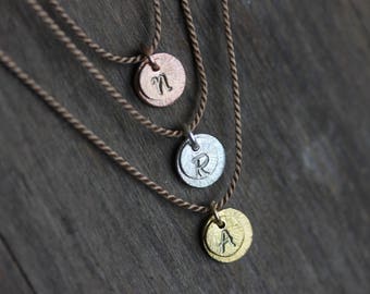 Tiny Initial Necklace, Silk Cord, Double Disc, Sterling Silver, Gold Filled, Rose Gold