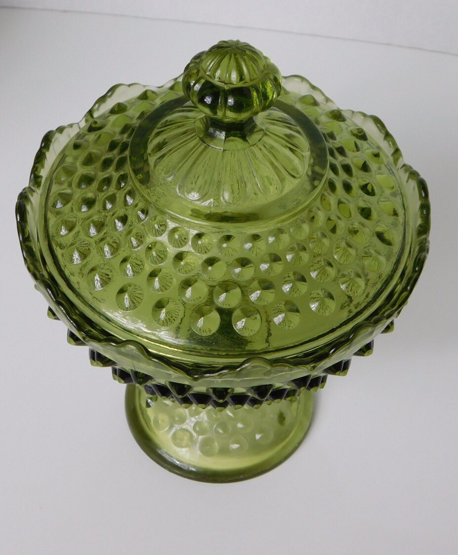 1969 Fenton Colonial Green Hobnail Candy Dish with Lid Footed Pedestal