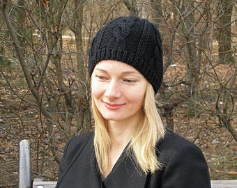 Black hat handmade hat handknit hat black clothing womens clothing black cap womens cap wool cap wool hat crochet hat made to order warm hat