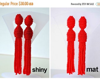 Red beaded tassel earrings long short Oscar de la Renta style earrings Stylish trending trend earrings Statement long bead tassel earrings