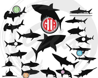 Shark SVG, shark monogram frame svg, shark clipart decals, ready to cut files for Cricut, Silhouette etc, also in png, eps & DXF