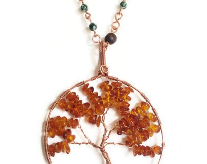 Baltic Amber, Pukalet & Agate Tree of Life Necklace, Baltic Amber Necklace, Tree of Life Pendant, Chakra Necklace, Birthday Gift, N012