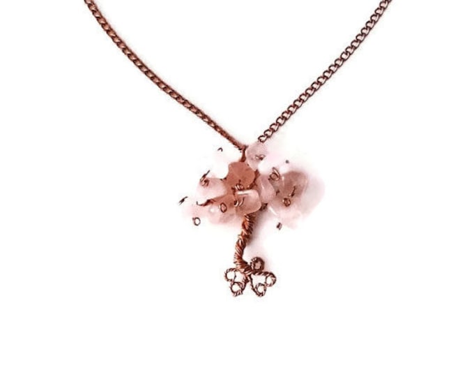 Rose Quartz and Copper Floating Tree of Life Necklace, Love Stone Necklace, Valentine's Day Gift, Heart Stone Tree of Life Necklace
