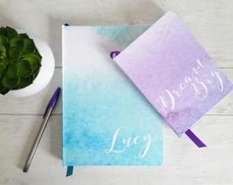 Large hand made personalised notebook/journals, in my watercolour wash designs, 7 shades, personalised with any text, name or initials