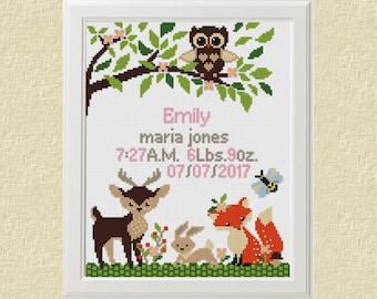 Baby cross stitch pattern pdf birth sampler birth announcement woodland Fox Deer Owl Cross Stitch personalized unique baby girl diy gift