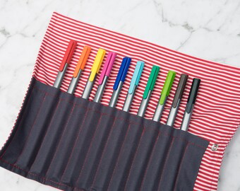 Red and White Striped Pen Roll - pencil roll - roll up pencil case - pencilcase - makeup brush roll - paint brush roll - school supplies