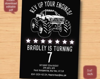 Monster Truck birthday invitation-SELF EDITABLE PDF -5 x 7inch Customisable Printable Birthday Party Invite - Instant Download