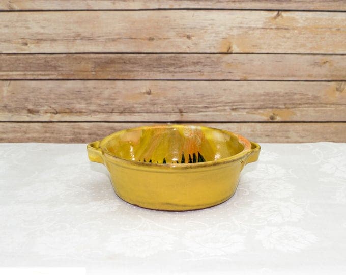 Primitive Redware Hand Painted Folk Art Green Onion Pottery Bowl