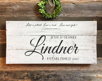 Wedding decor sign | Custom Family Name Sign | 1 Corinthians 13 Scripture | Love is patient, love is kind, love never fails | wedding estab