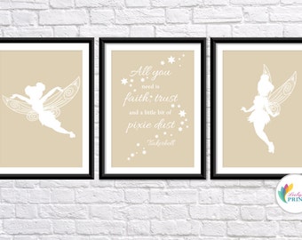 Download - Tinkerbell Printable - Set of 3 Champagne Tinkerbell Fairy Prints - Set of 3