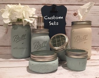 Chalk Painted Mason Jar Bathroom Set| Tissue Holder, Tooth brush holder, cotton balls, qtips, soap dispenser, Flower Vase, Ball Mason Decor