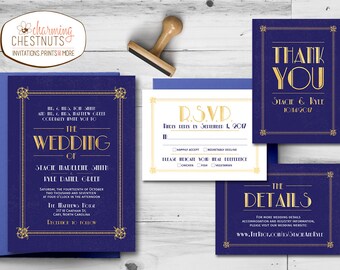Art Deco Wedding Invitation Set, Great Gatsby Invitation, Navy and Gold Wedding, 1920 style, Printable wedding invite, Deco style wedding