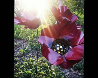 Red Poppy Flower Garden Stakes, Metal Garden Art, Metal Flowers