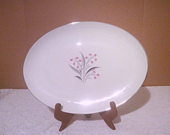 Princess Flair oval serving platter, gray and pink floral pattern Tru-Tone USA.