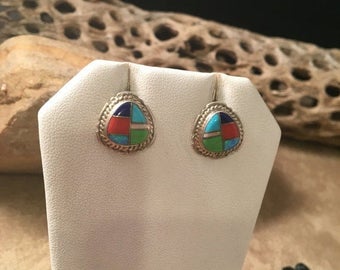 Vintage Zuni Multi Stone & Sterling Silver Inlay Studs