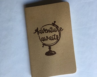 Adventure Awaits | Custom Journal | Embossed Journal | Travel Journal | Globe | Hand Lettered