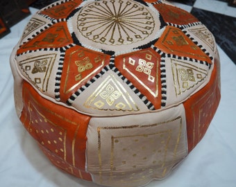 Moroccan leather pouf || Orange pouf || Orange and gold hand painted pouf - Unfilled