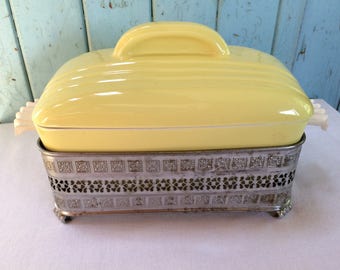 Vintage Hall China Covered Dish with Pierced Tin Serving Stand, Westinghouse, Mid Century Refrigerator Dish, 1950's