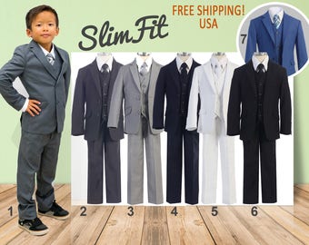 Premium Boys Slim Fit 5-Piece Suit, Gray Navy White Black Royal Blue, Baptism Christening Wedding Ring Bearer Homecoming Prom